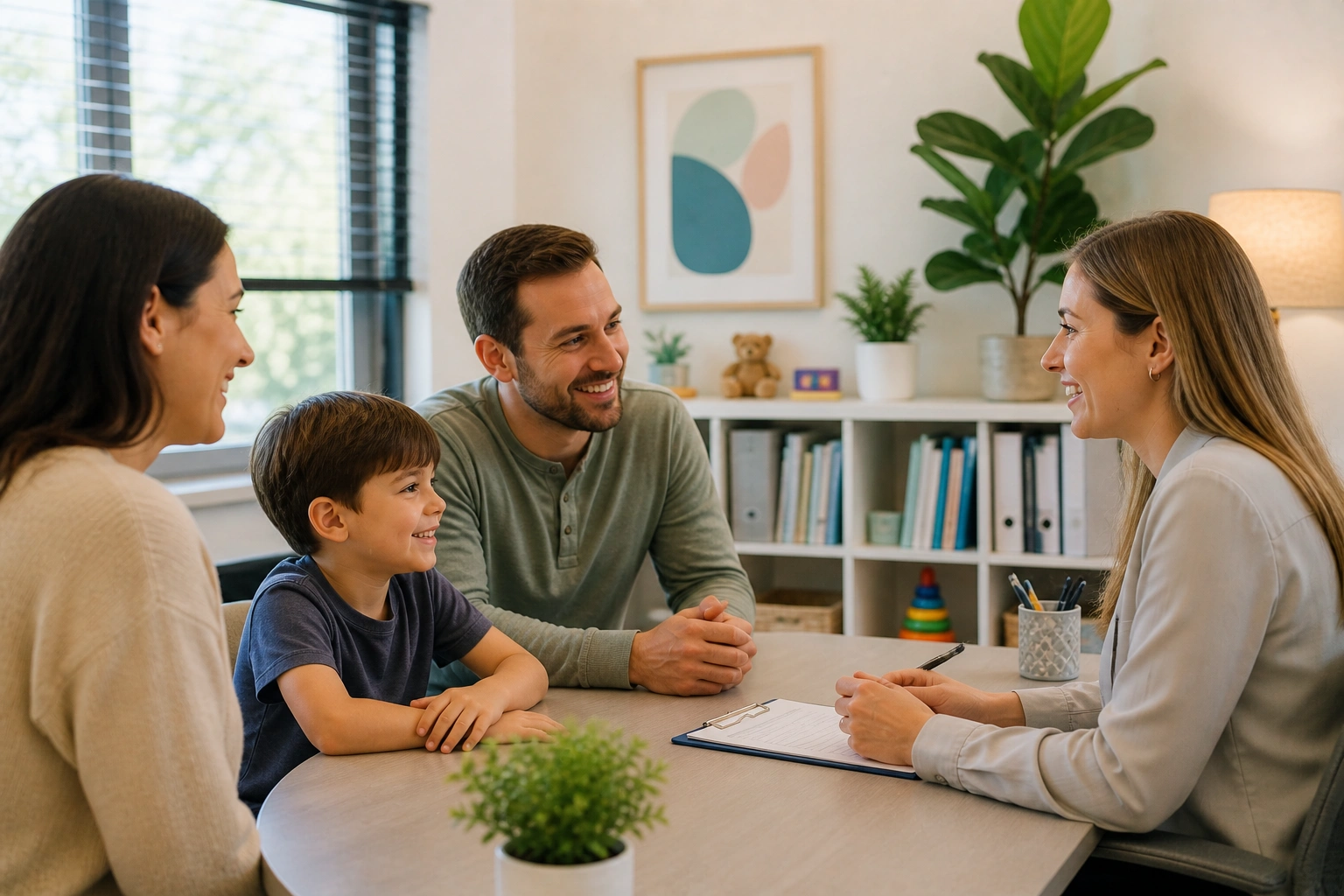 Therapist greeting a child and parent during a first visit