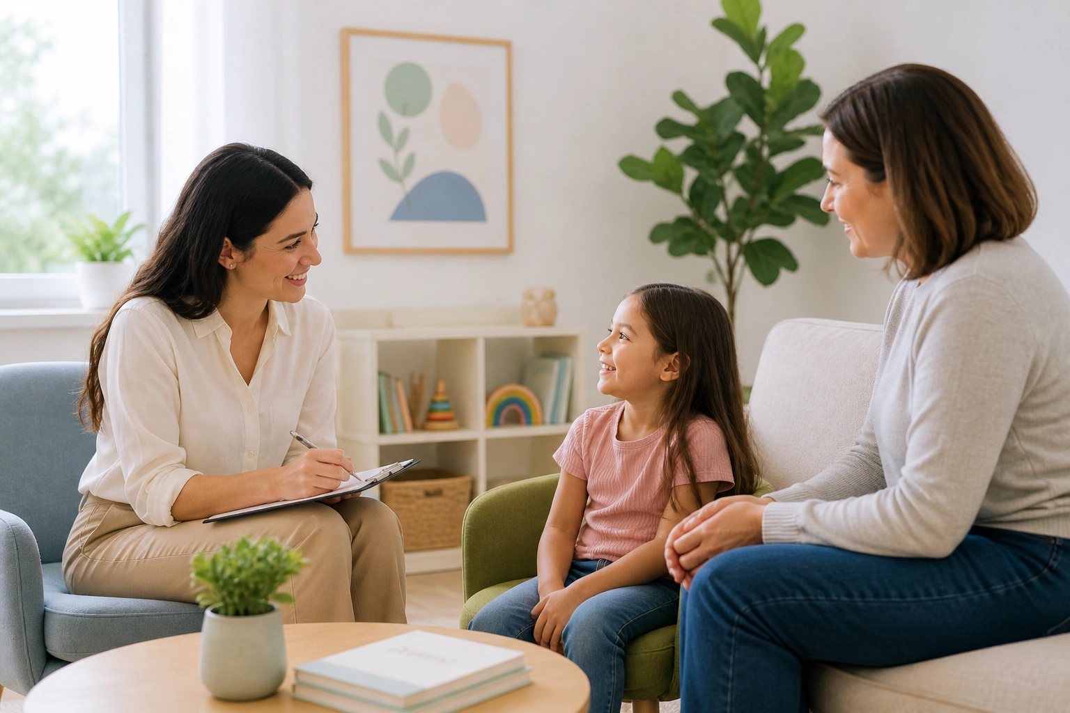Pediatric therapist supporting a child during a play-based session