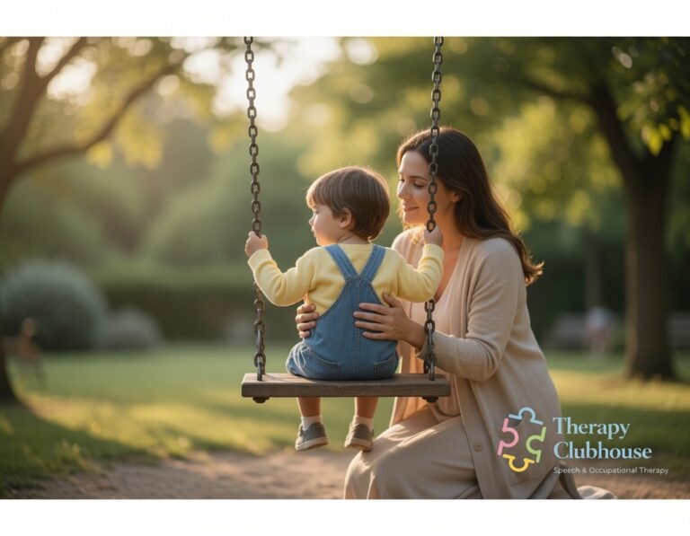 A young child sits on a still swing gripping the chains while a parent kneels behind with steadying hands at their back.
