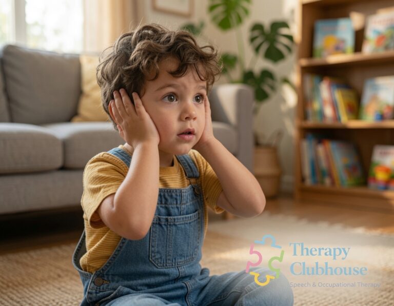 Young boy sitting on a living room floor with both hands pressed over his ears