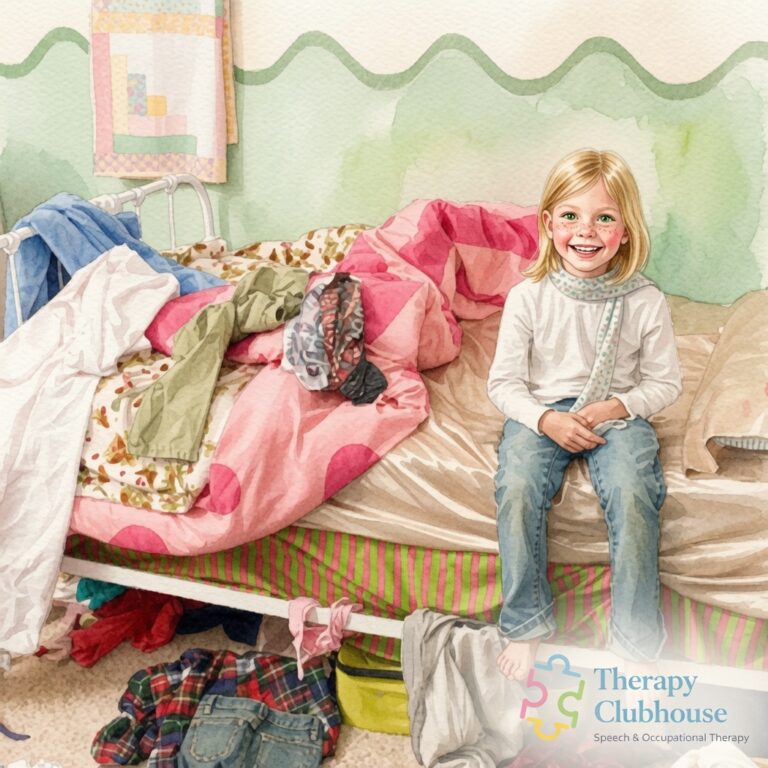 Illustration of a girl sitting on the edge of her bed in a soft long-sleeved shirt, with piles of clothes on the bed and floor around her.