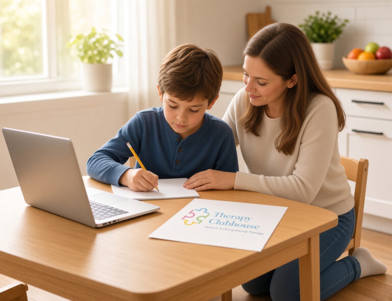 A child works with a pencil at the kitchen table while a parent kneels beside them and an open laptop sits angled to one side.