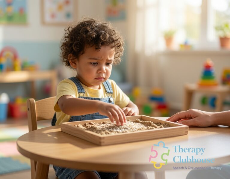 A toddler touches a tray of dry sensory sand with one fingertip, looking uneasy, while an adult's hand rests on the table nearby.